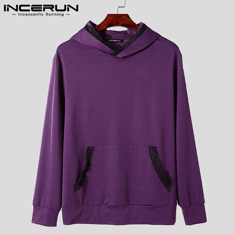 INCERUN Pullover lengan panjang pria, atasan Sweatshirt Hoodie tambal sulam renda gaya Amerika 2024, Hoodie lengan panjang Solid untuk pria