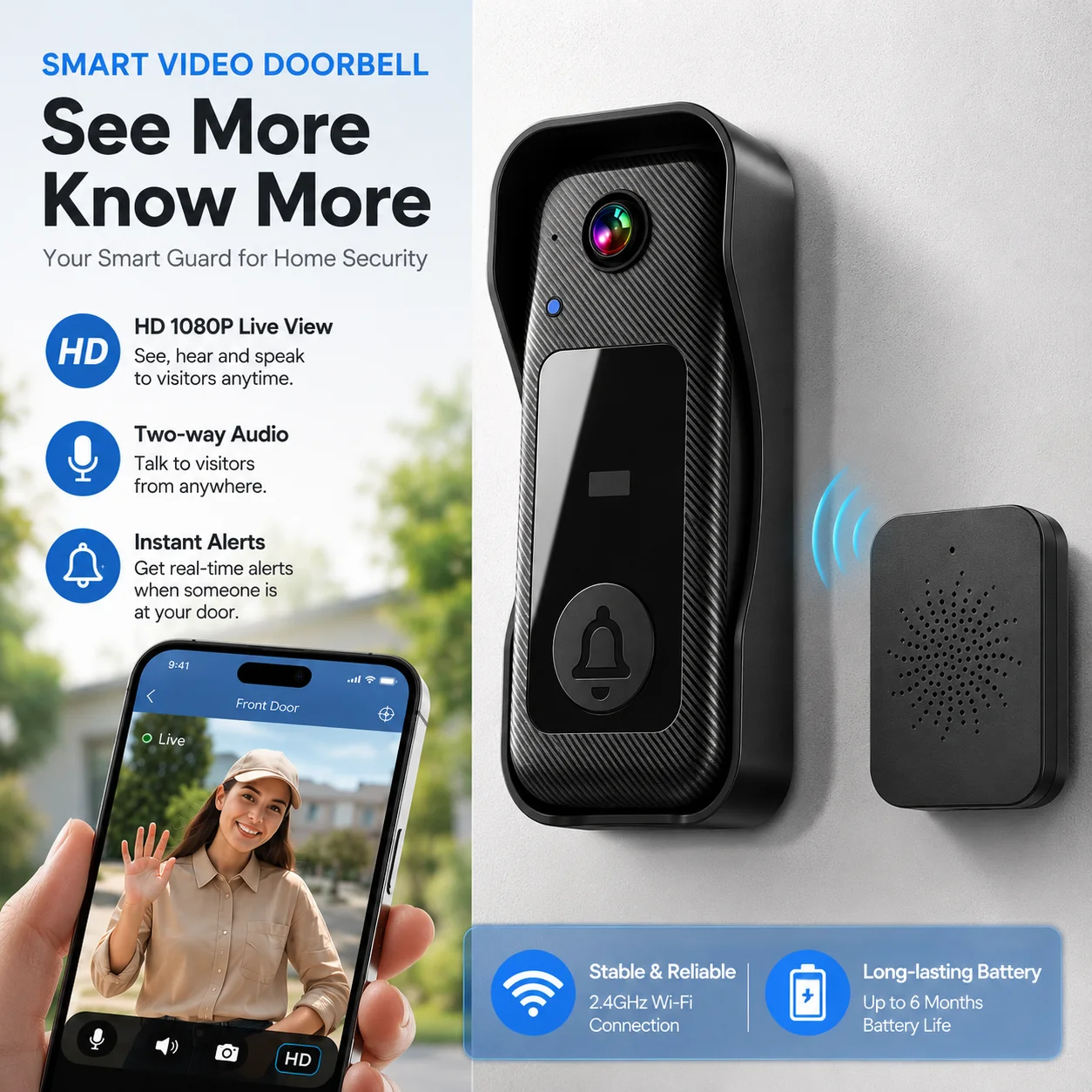 Smart Video Doorbell Camera, Wireless WiFi Doorbell with Indoor Chime, HD Night Vision 130° Wide Angle, Two-Way Audio Remote Intercom, Home Security Doorbell with Cloud Storage