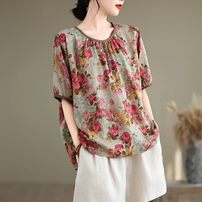 Retro Contrast Color round Neck Printed Shirt Thin Linen Women's Loose Top Summer New Style Polyester Cotton Blend Short Sleeve