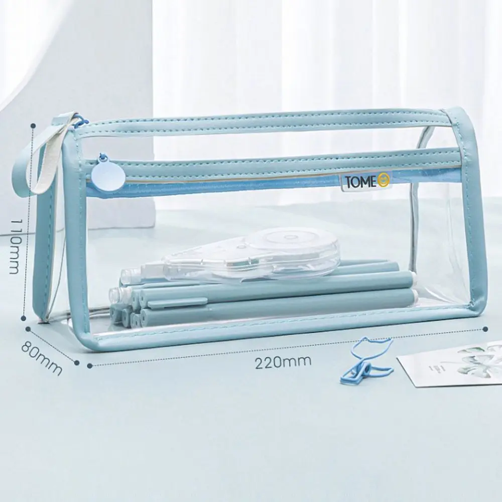 حقيبة أقلام رصاص شفافة مزدوجة بسعة كبيرة ، حقيبة قرطاسية بسيطة ، محمولة ، بولي كلوريد الفينيل ، مستلزمات مدرسية #6