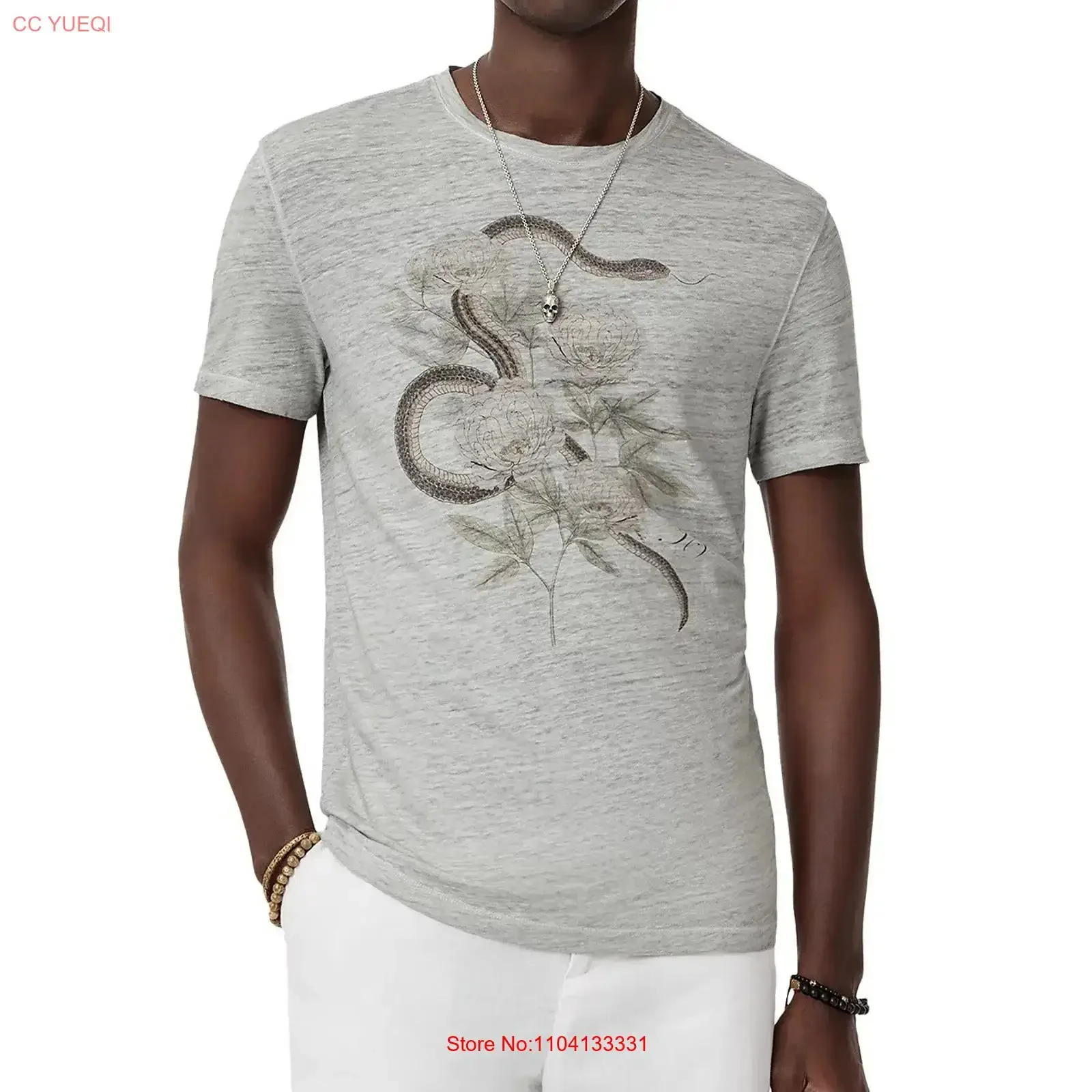 Мужская футболка John Varvatos из льна с принтом змеи и цветов, цвет Smoked Pearl Grey, винтажная, с эффектом потертости, дышащая, эластичная, повседневная, универсальная.
