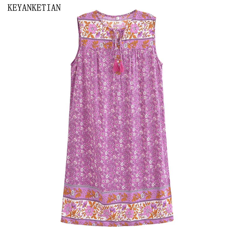 KEYANKETIAN Summer new women's vacation style sleeveless positioning print round neck tassel lace up mid length dress