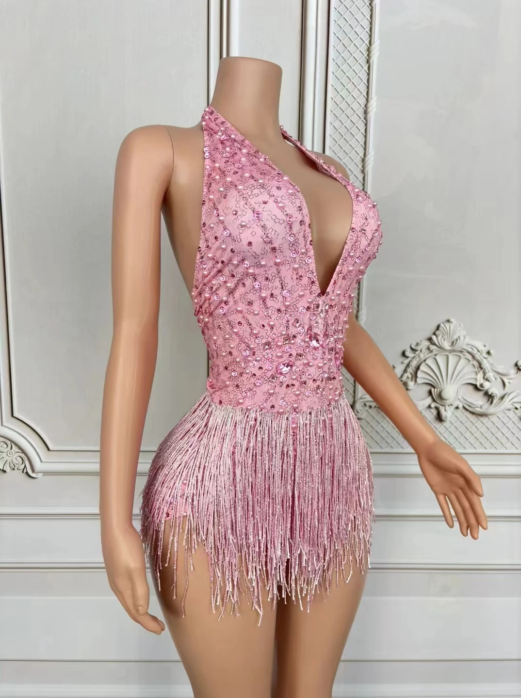 Sexy Bar Nightclub Pink Tassel Beads Leotard Stage Wear DJ Gogo Pole Dance Costume Performance Backless Crystal Fringe Bodysuit