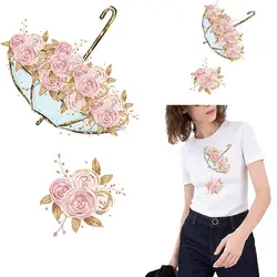 Beautiful Flower Umbrella Heat Sticker On T-shirt DIY Washable Iron On Transfer For Clothing Bag Fashion Design Patch On Clothes