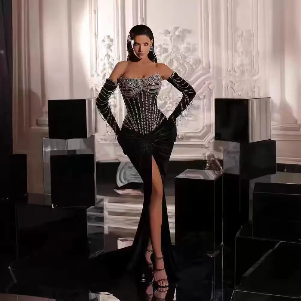 

Heavy-duty diamond strapless fitted high slit design high-end evening dress, banquet car model, fashion show, hip-packing long s