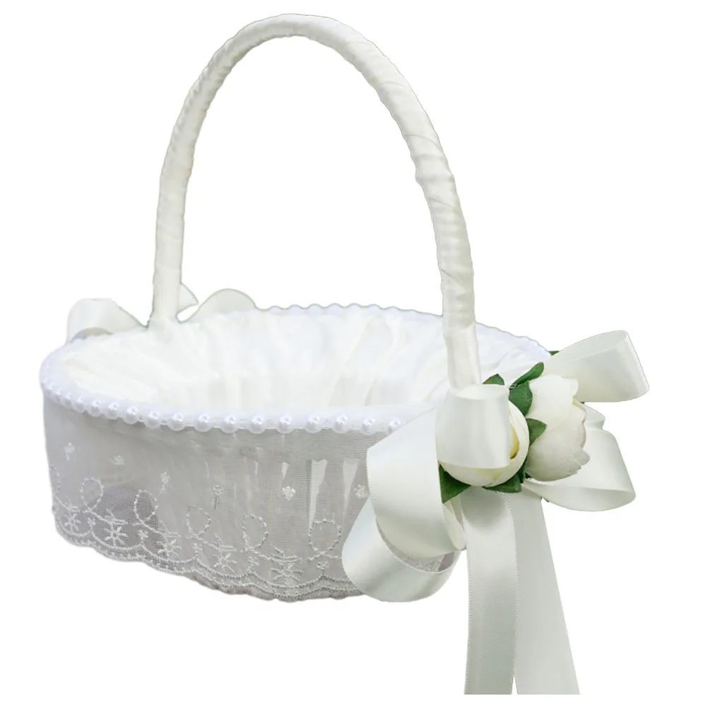 سلة زهور منسوجة رقيقة، سلة ريفية بشريط رومانسي لحفلات الزفاف، هدايا تعبئة الهدايا