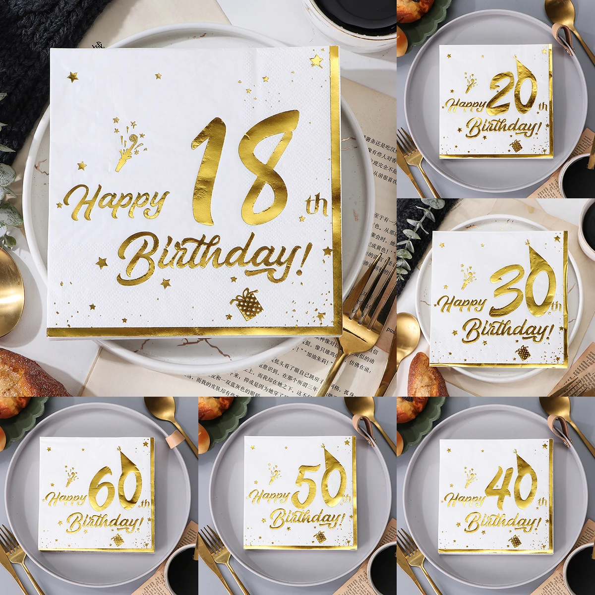 20szt Złocenie Numer 18 20 30 40 50 60 lat Jednorazowa papierowa serwetka Zastawa stołowa Tkanina Happy Birthday Party Decor