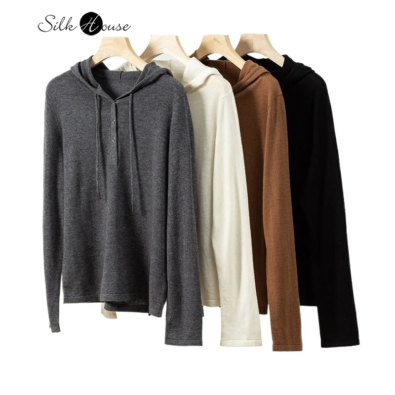 

Meilad Hooded Long Sleeved 100% Wool Women's Autumn New Style Commuting Casual Solid Color Knitted Top