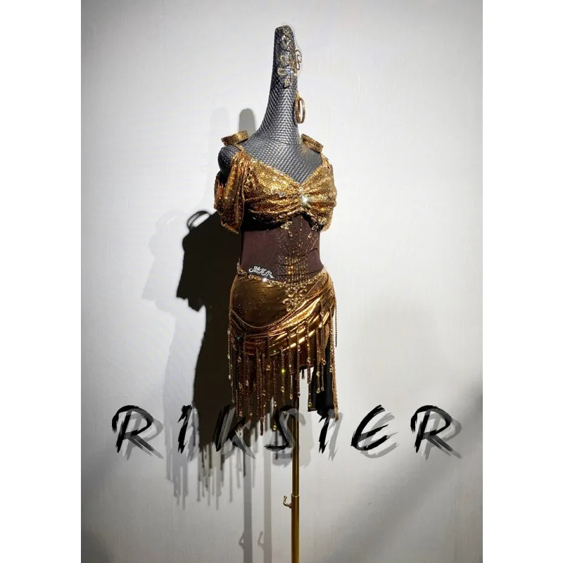 تخصيص الكبار المنافسة زي قاعة الرقص اليدوية الماس فستان الرقص اللاتينية ملابس أداء الأطفال #2