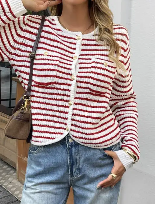 

Women's Striped Long Sleeved Woolen Sweater, Autumn and Winter Clothing, Button, Vacation, 2020
