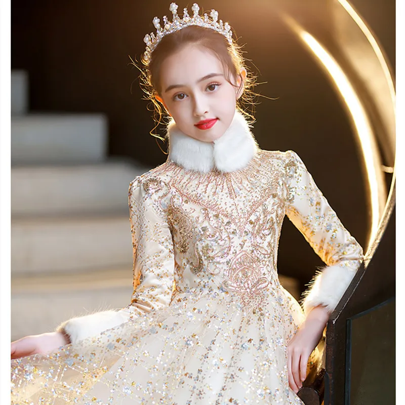 2024 lussuoso abito da Hostess per ragazze Kid Princess abiti con paillettes per banchetti bambini elegante abito da festa Quinceanera