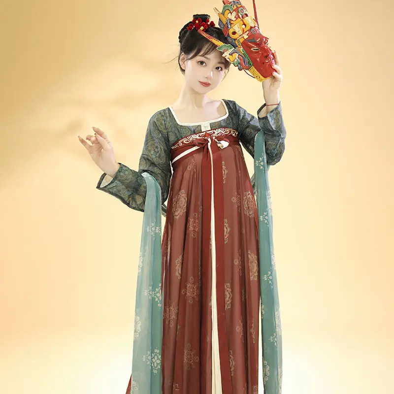 Tang Dynasty gaun tari manis wanita kostum putri cetak motif bunga tradisional kuno Hanfu peri antik gaya Tiongkok