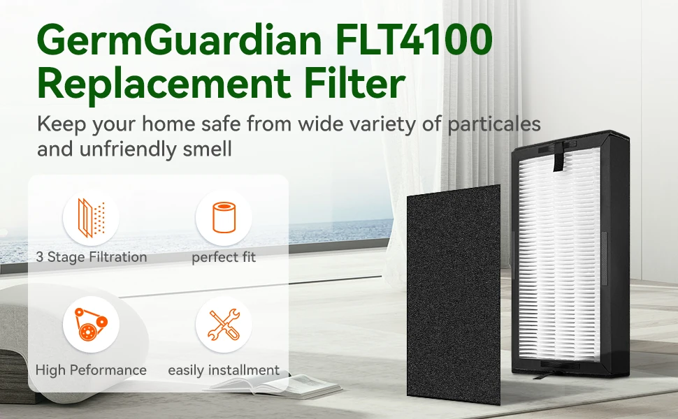مجموعة فلاتر HEPA البديلة المتوافقة مع GermGuardian AC4100 AC4100CA AC4150BL AC4150PCA AC4150PC، رقم الجزء FLT4100