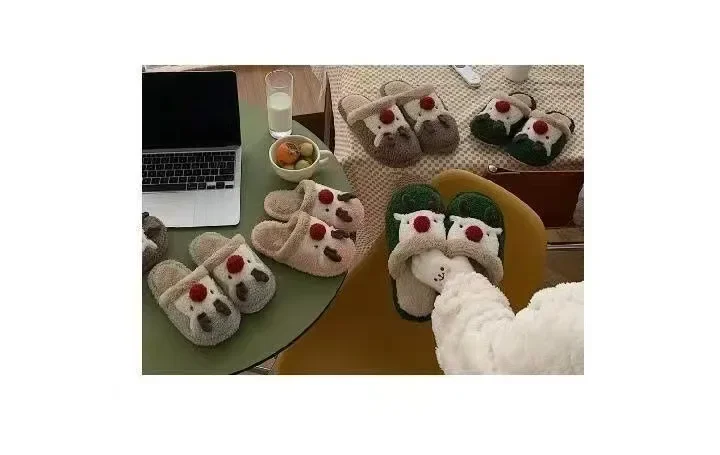 Winter-Weihnachts-Hausschuhe für Damen, Herren, weiche, rutschfeste Sandalen für den Innenbereich, warme, flache Plüsch-Slides für Paare, Unisex, niedliche Schuhe für Erwachsene – Detail 3