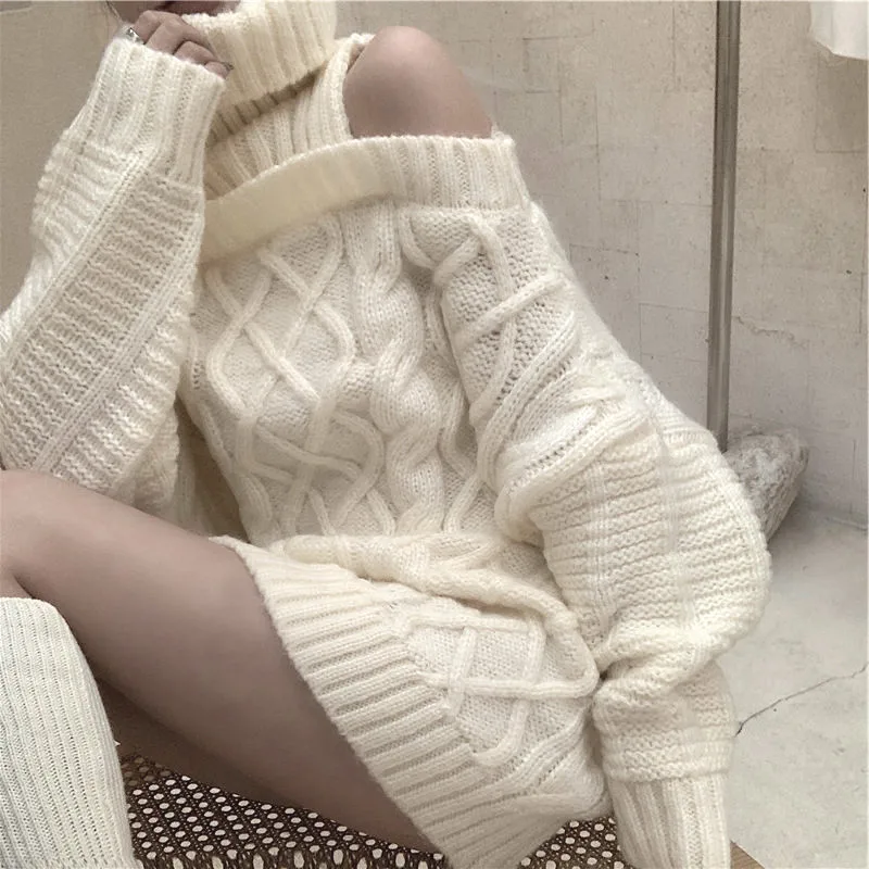 Spring Autumn Korean Style Women Turtleneck Knitted Sweaters Fashion Wild Knitwear Outwear Female Sexy Off Shoulder Pullover