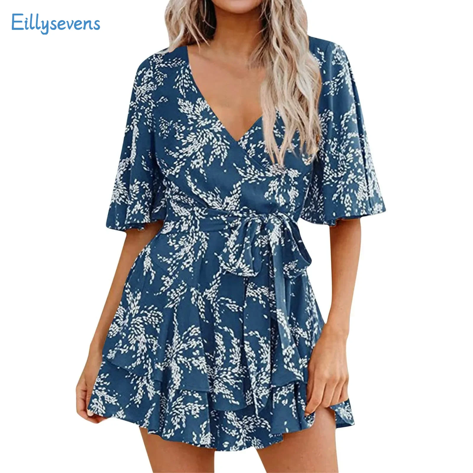 

Women'S Dress Jumpsuits Fashion Trend V Neck Waist Lace-Up Bell Sleeves Tiered Pleated Jumpsuits Fresh Floral Dress Rompers