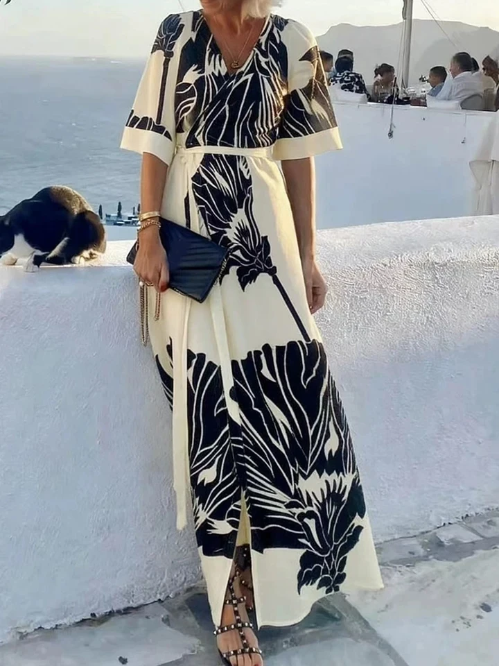 

Temperament Lady V-neck Casual Maxi Dress Elegant Short Sleeve Pleated Vacation Dresses 2026 New Vintage Pattern Printed Dress
