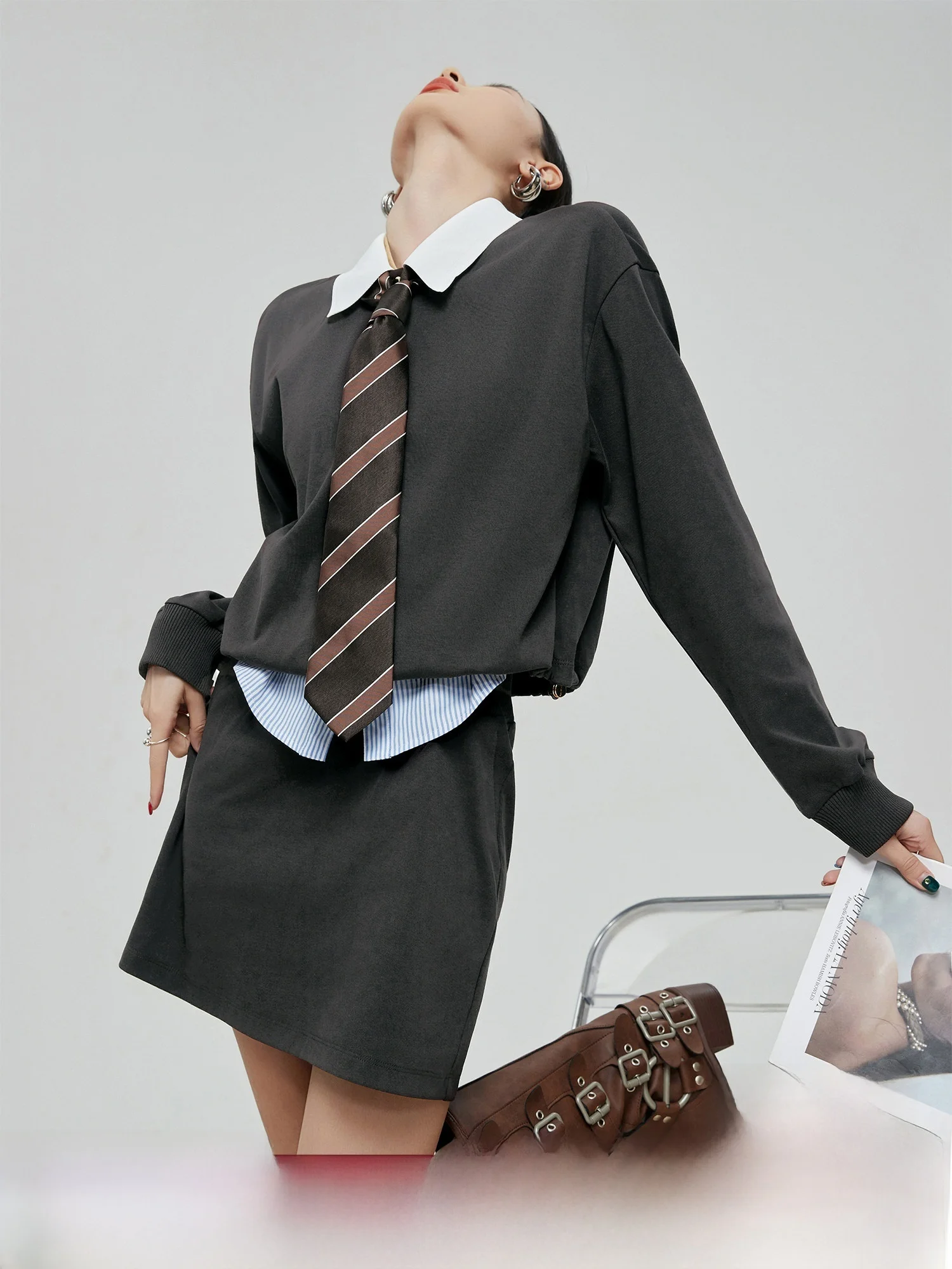 

Ретро американский свитшот Long Sve Dr, женская свободная юбка с высокой талией, осенний новый повседневный комплект Faion