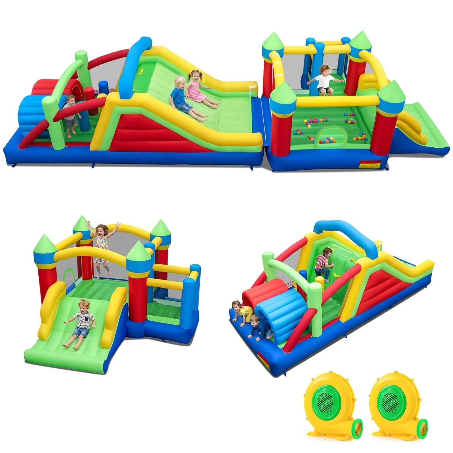 

Надувная полоса препятствий, огромный секционный батут для детей 3-12 лет с двумя горками, тоннелями, на заказ