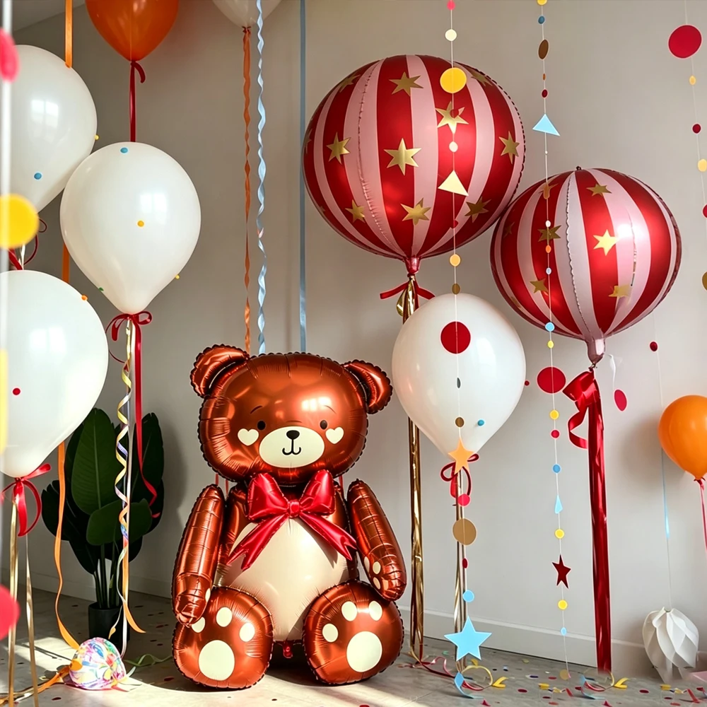 3D Brown Bear, Red Striped 4D balloon Set, Sand White Balloons, Suitable for Baptism, Birthday Parties, Showers, Christmas