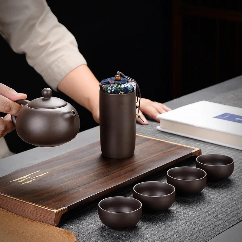 Chinese Shi Porcelain Tea Sets, Ceramic Yixing Purple Clay Kettle Kung Fu Tea Set, Travel Set, 1 Pot, 4 Cups, 1 Jar, 130ml, 5Pcs