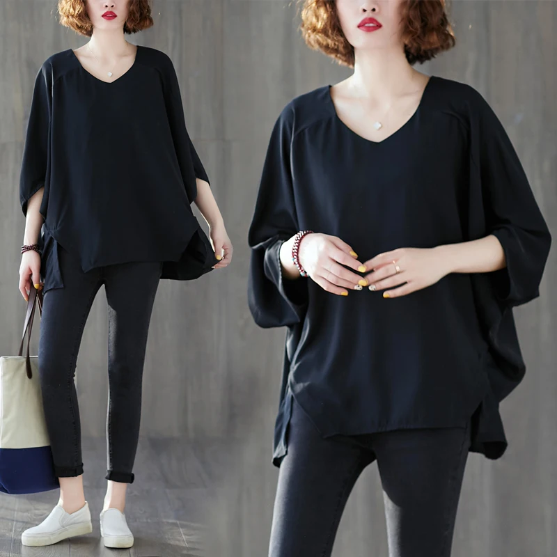 

Summer New Loose Fit round Ne ort Sve T-irt plus Size Women's Korean Sle Versatile Belly Covering Top Pure Color