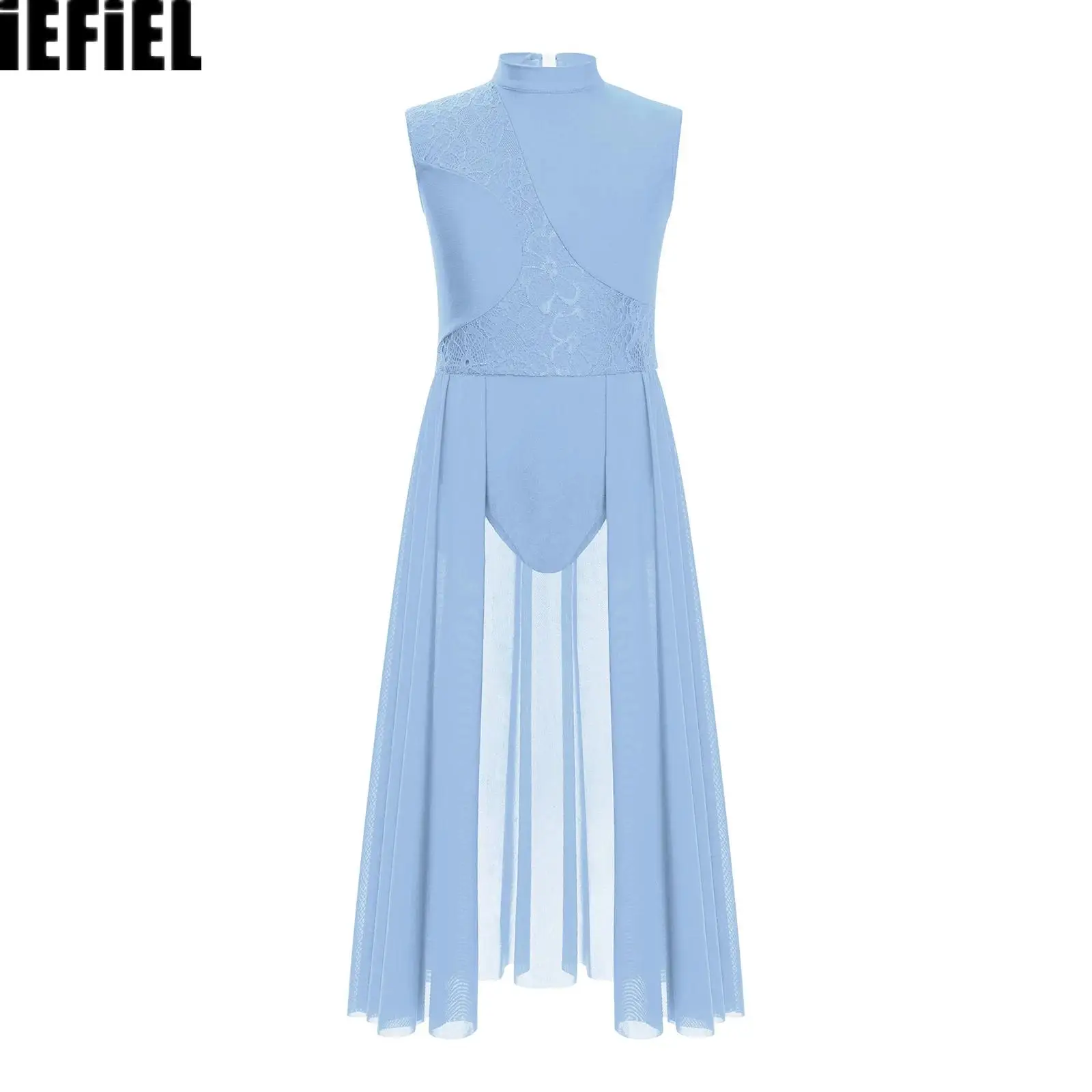 

Kids Girls Floral Lace Dance Leotard Dresses Patchwork Lyrical Mock Neck Cutout Back Sleeveless Dress Stage Performance Costume