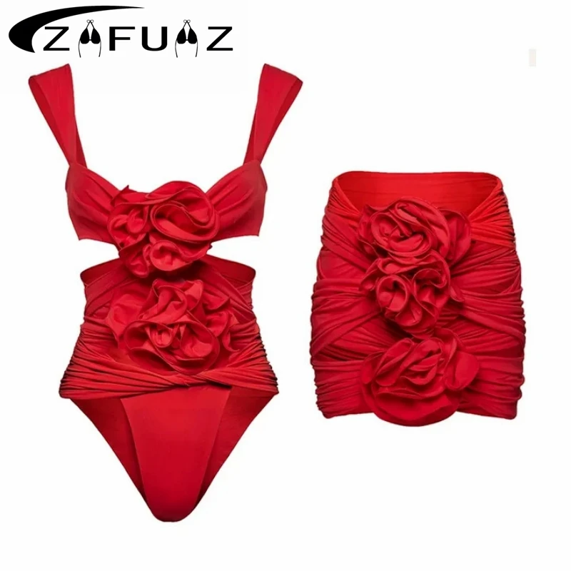 ZAFUAZ Set Bikini wanita baru 2024 baju renang 3D bunga berongga warna Solid pakaian renang satu potong seksi Set dua potong pakaian mandi