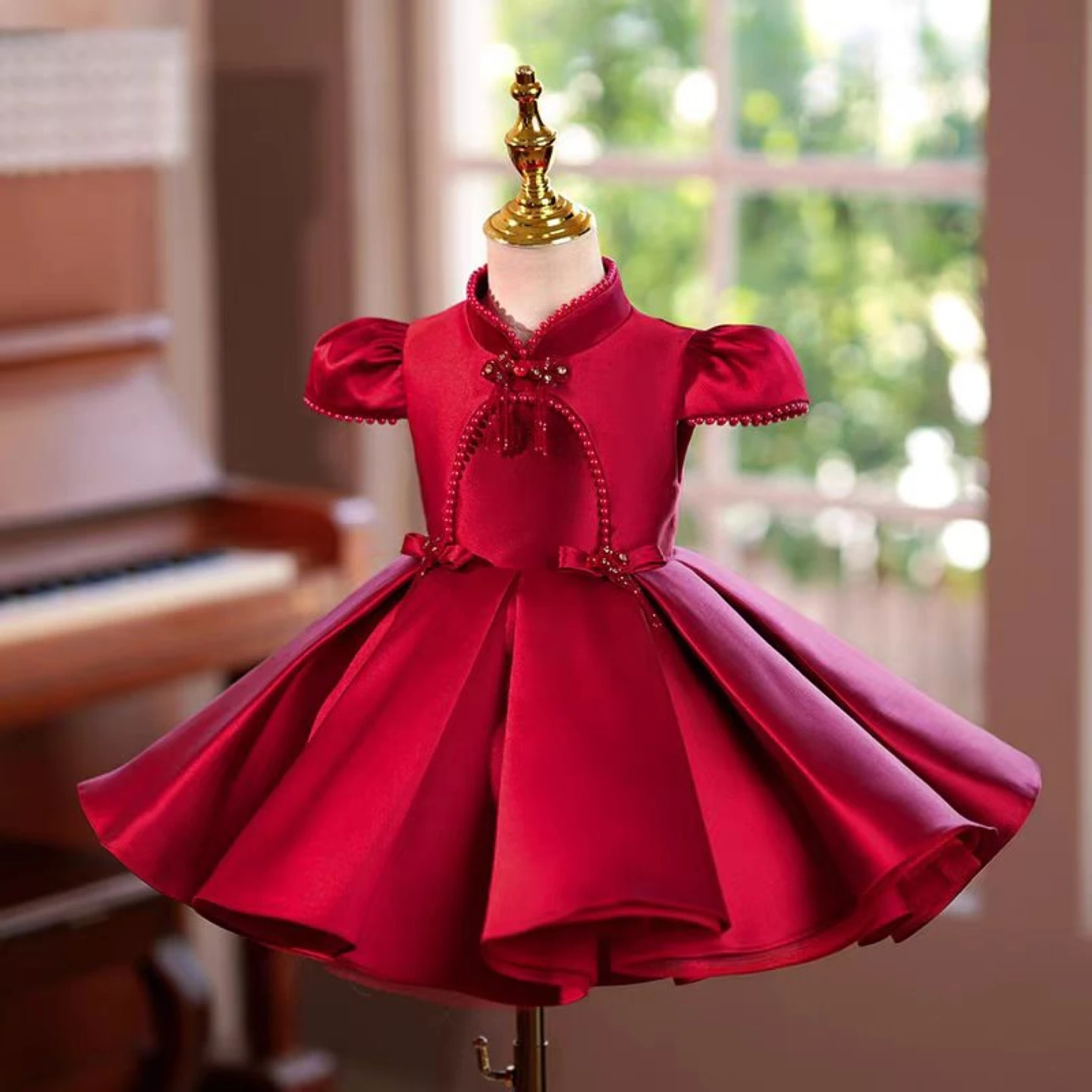 Dreamy Vow Graceful Burgundy Beige Girl Dress for Kids Wedding Birthday Party Holiday Princess Knee Length Ball Gown J746