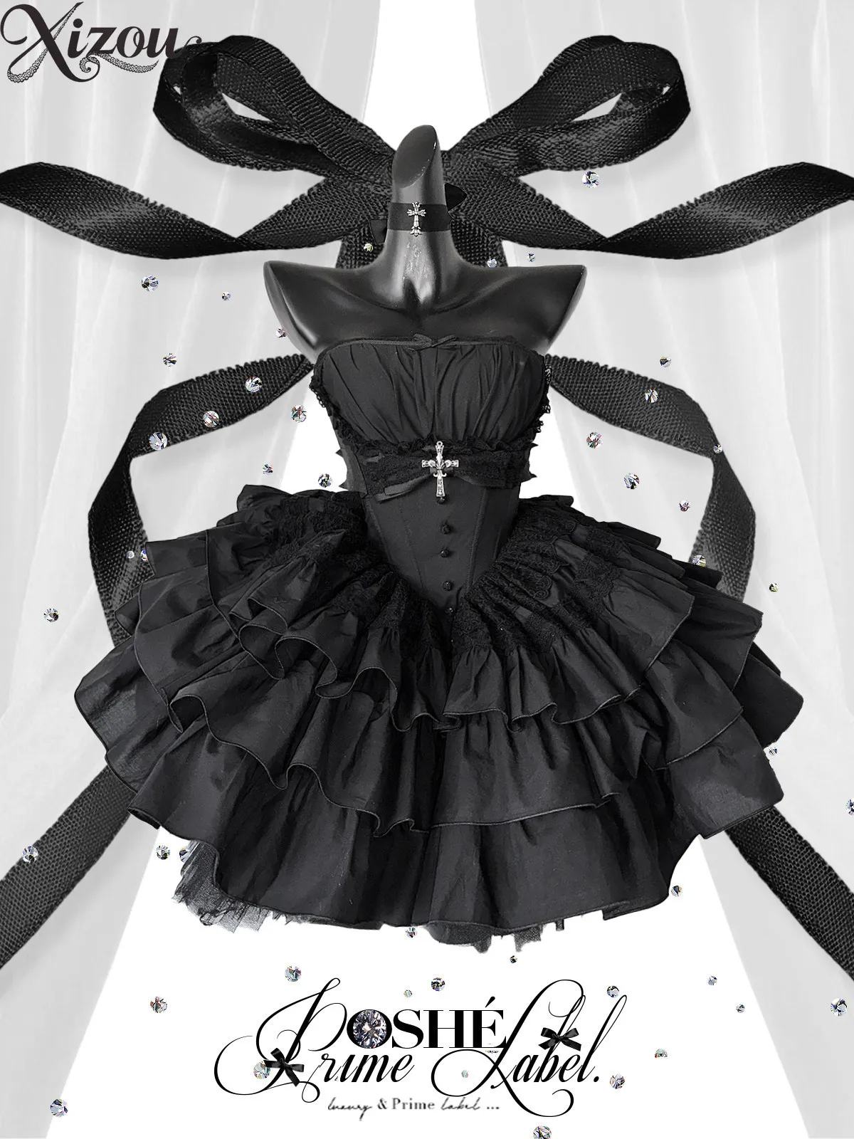 

Черное готическое платье Black Little Idol в стиле Лолита, без бретелек, с длинными рукавами, бантом, оборками, приталенное, пышное, многослойное, для косплея