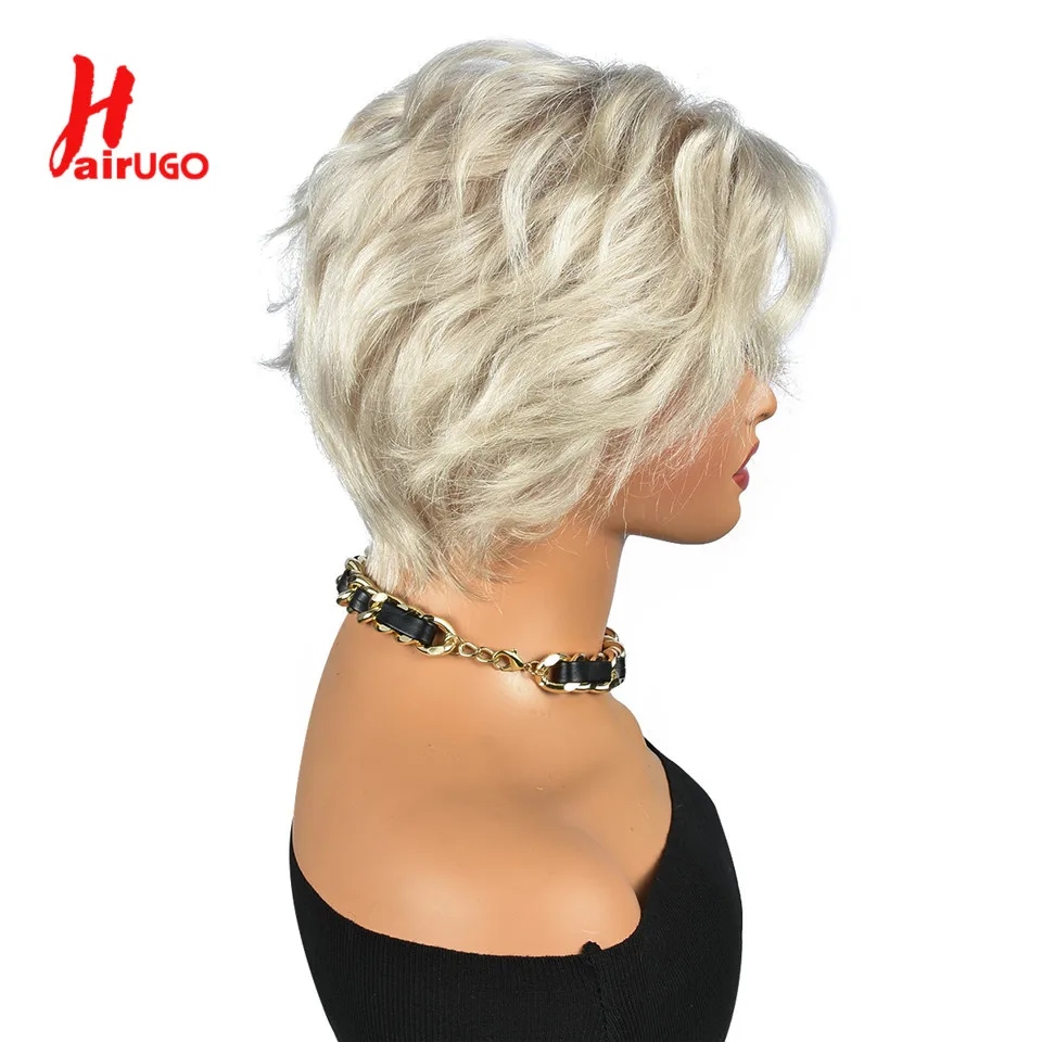 Gray Pixie Cut Wigs 12A Remy Full Machine Made Wigs Ash Platinum Straight T Front Lace Wigs HairUGo Gray Blonde Human Hair Wigs