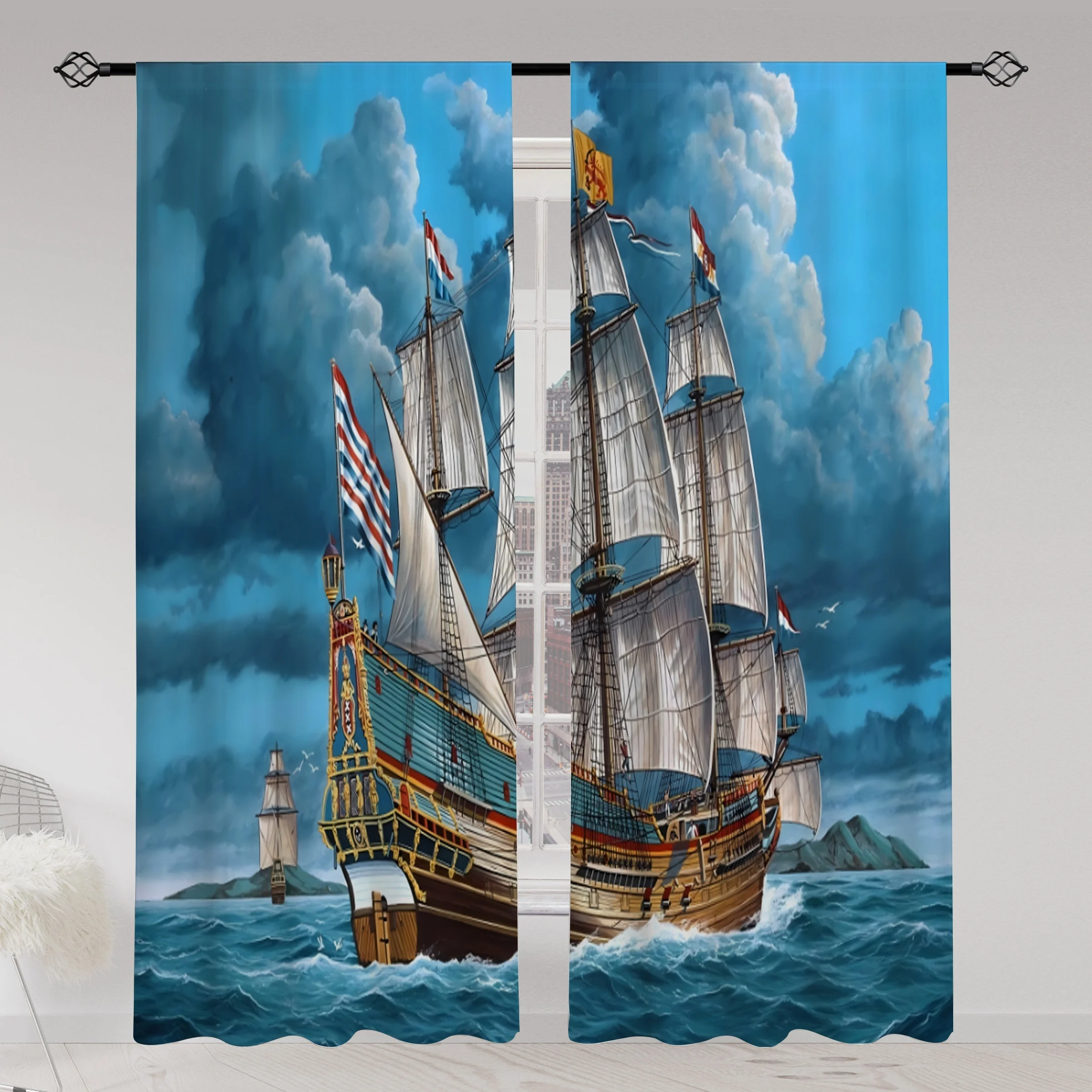 

2pcs Nautical Sailboat Printed Translucent Curtain Living Room Playroom Bedroom Kitchen Multi-scene Polyester Rod Pocket Decor