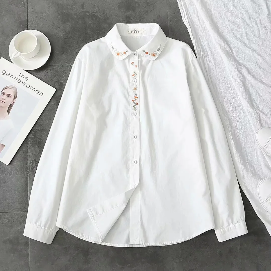 New Cotton White Shirts Women Turn Down Collar Embroidered Long Sleeve Button Casual Tops Girl\'s Loose Blouse Fall T37513JM