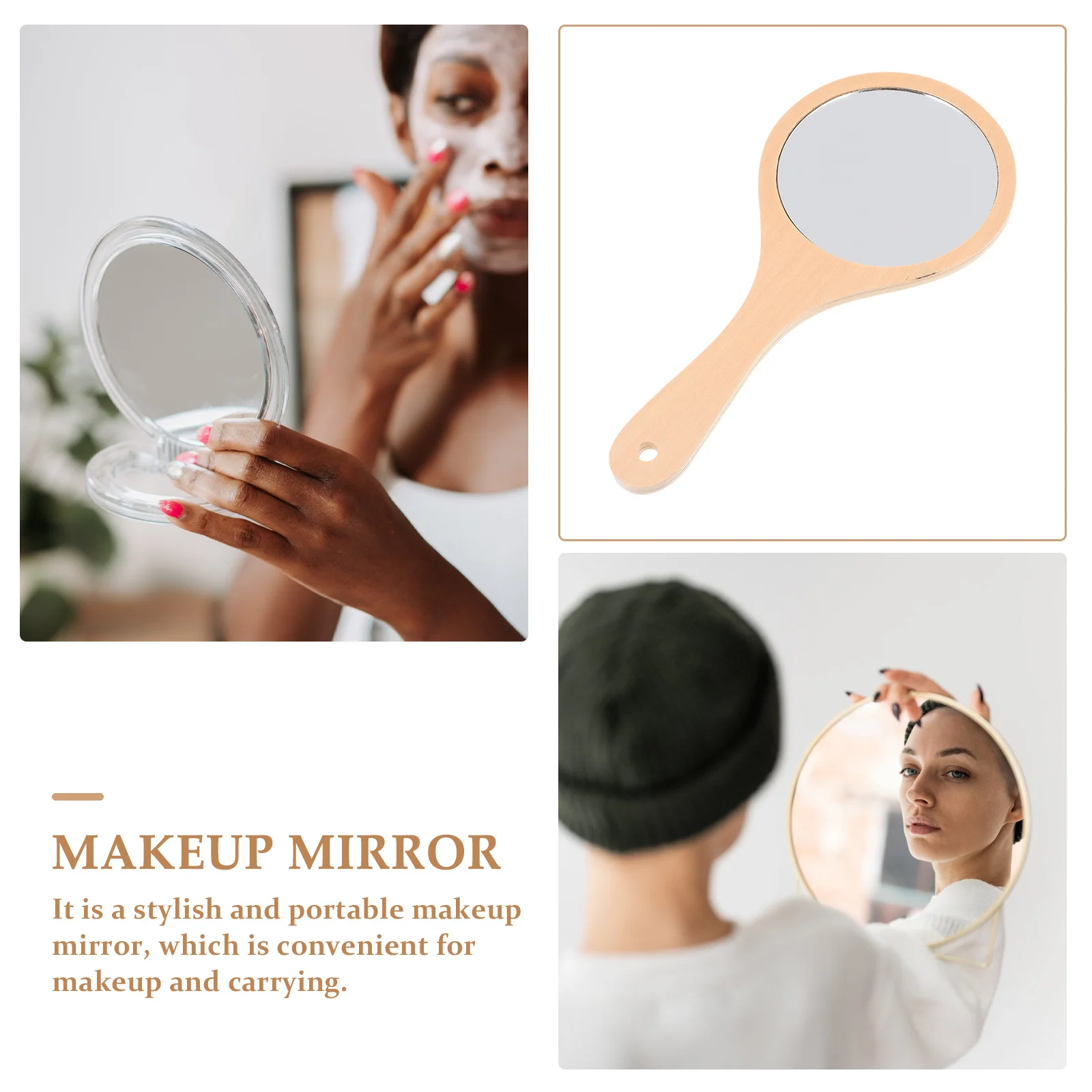 مرآة يد خشبية مستديرة، لمسة نهائية ناعمة، تصميم خفيف الوزن لتطبيقات المكياج، هدية مثالية للنساء، مرآة مدمجة للاستخدام اليومي #4
