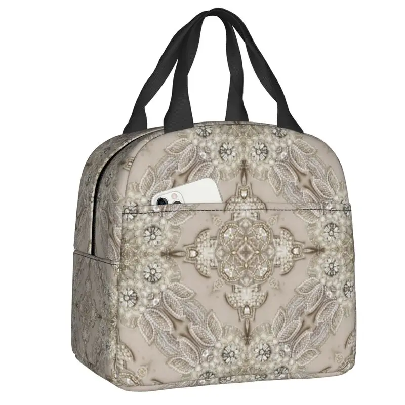 حقيبة غداء معزولة لؤلؤ من حجر الراين العتيق ، مبرد حراري مانع للتسرب ، صندوق بينتوز ، نساء وأطفال ، ماس بلورات ، تنزة في الهواء الطلق