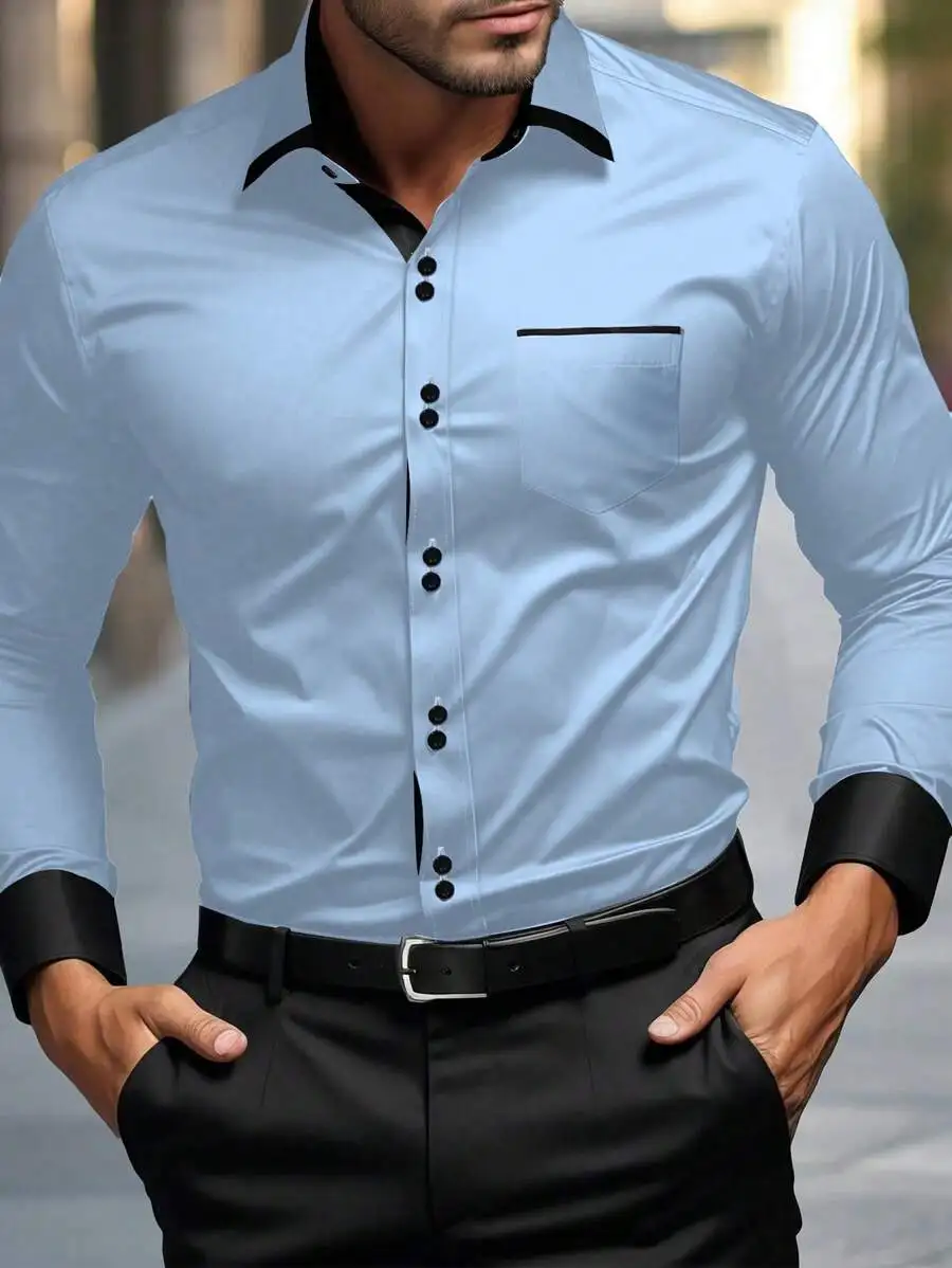 Men Light Blue Contrast Collar Dress Shirt