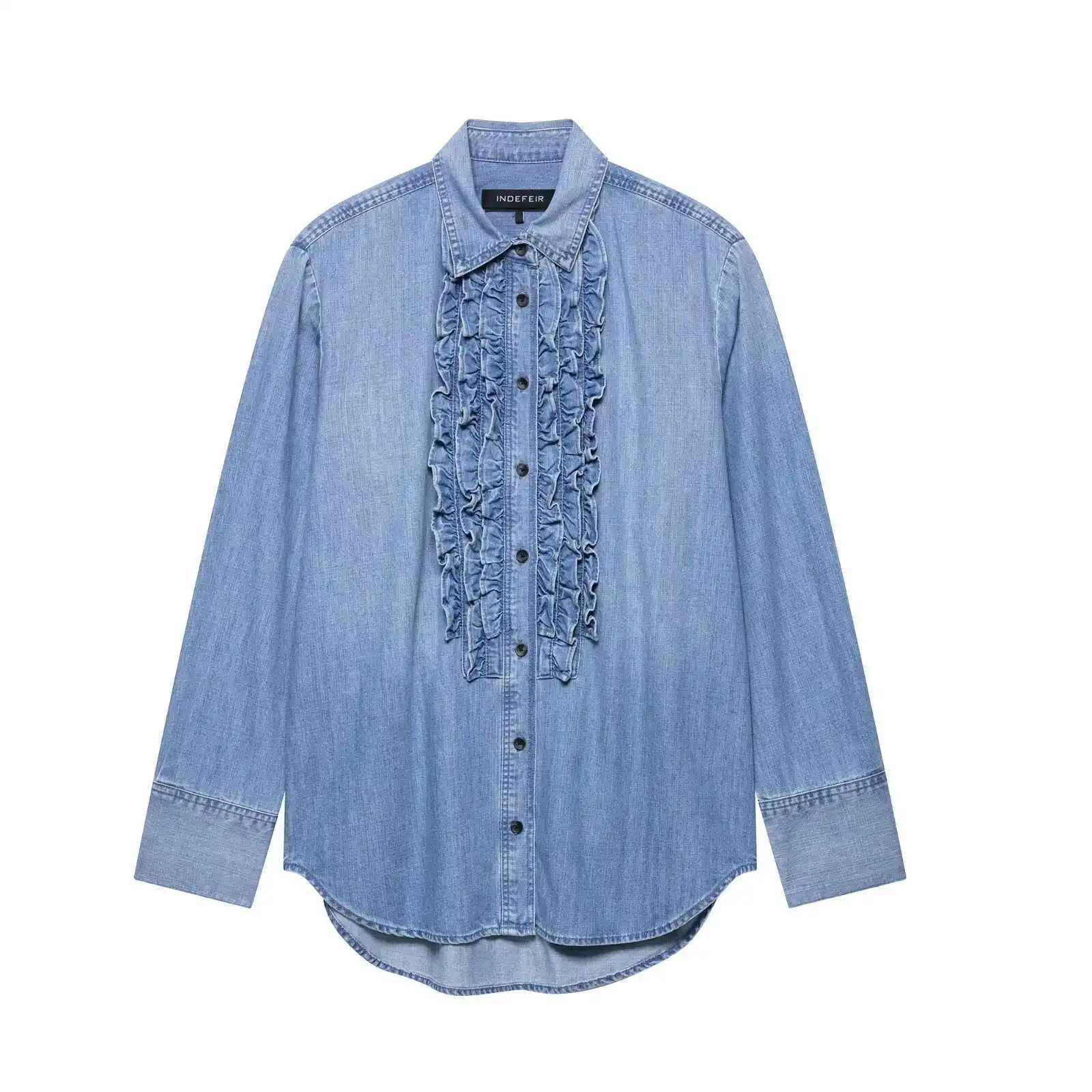 

Layered Sweet Jeans Blouse Autumn Women's Denim Shirt Flip Tie Buckle Collar Shirt Versatile Straight Cut Classic Collar Top