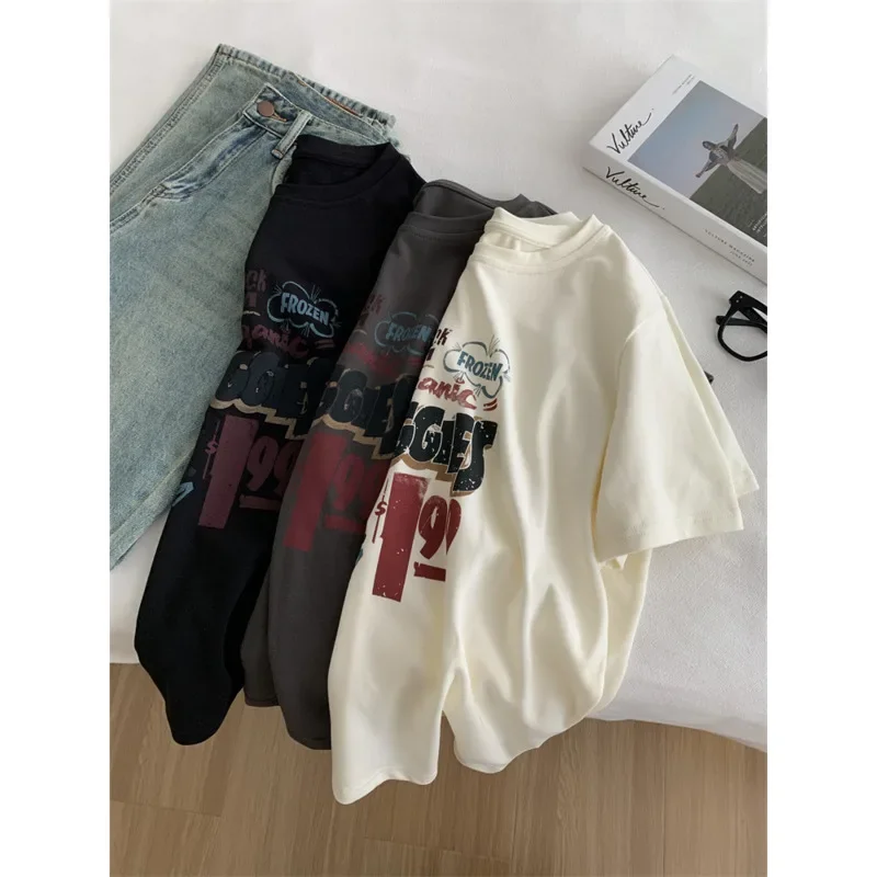 

Vintage Printed Loose T-shirt Women Spring Summer Round Neck Cotton Casual Tees Tops