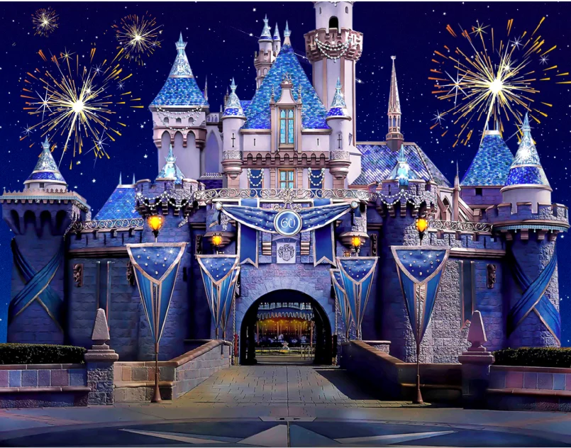 8x8FT Fairy Tale Castle Night Fireworks Grand Entrance Palace Custom Photo Studio Background Backdrop Seamless Vinyl 240x240cm