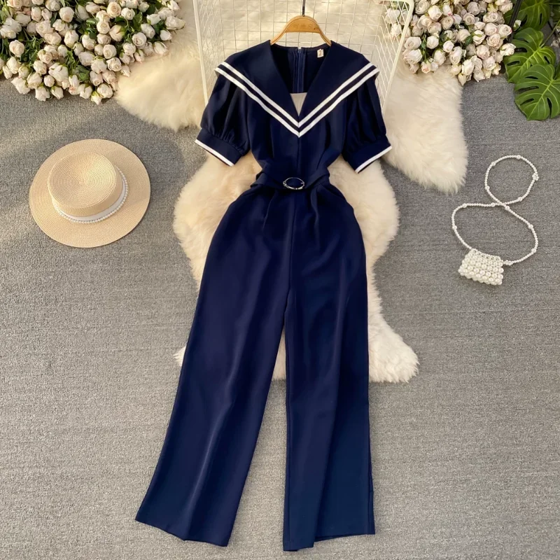 

Contrast Color Stripe Sailor Collar High Waist High-End Bodysuit Fashion Gentle Romper Lace Up Slim Wide Leg Pant Jumpsuit Women