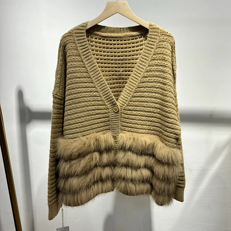2025 weibliche Natürliche Fuchs Pelz Außerhalb Dekoration Mädchen Herbst Kamel Pullover Gestrickte Langarm Mantel