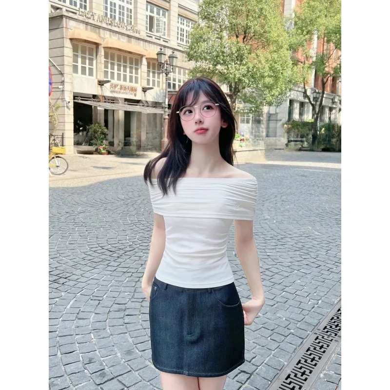 

Women's Y2K Off Shoulder Ruched Slim Fit Tube Top Casual Summer T-Shirt