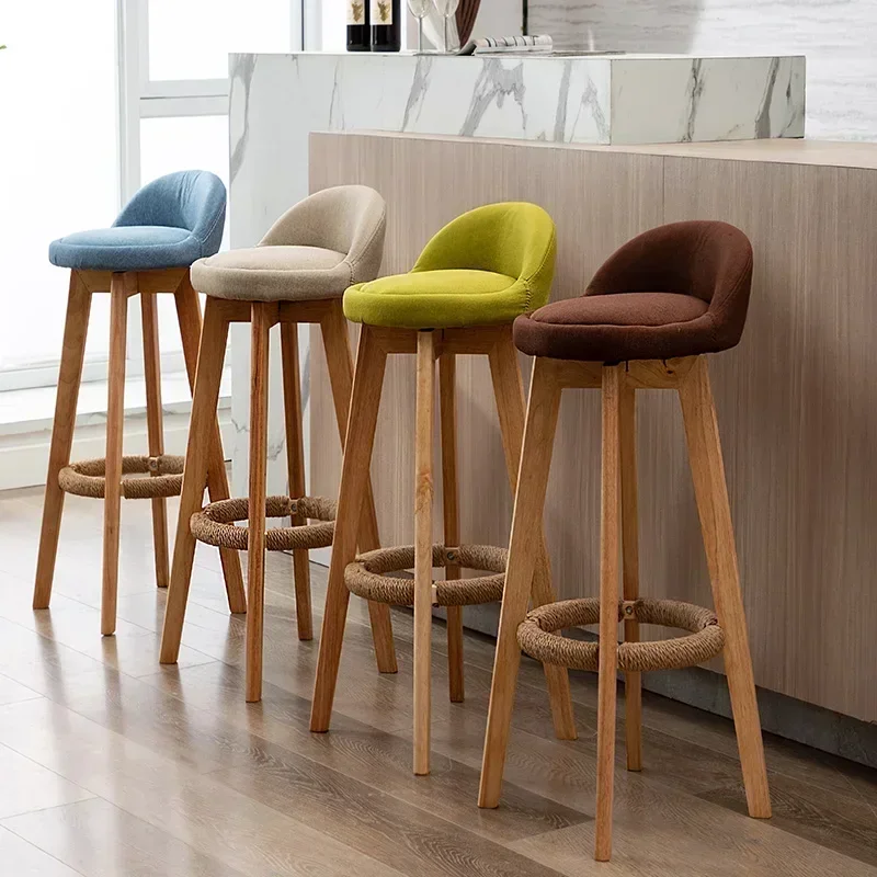 73cm Nordic Bar Chair Solid Wood High Foot Restaurant Seat Rotating Design Counter Stool Stable Load-bearing Kitchen Furniture