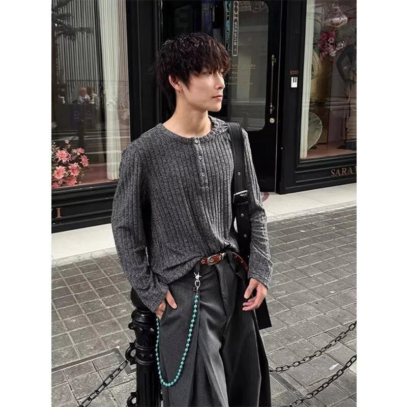Mens Retro Vertical Striped Henry Long Sleeve T-shirt Clean Fit Oversized Thin Basic Undershirt Autumn Vintage Street Top
