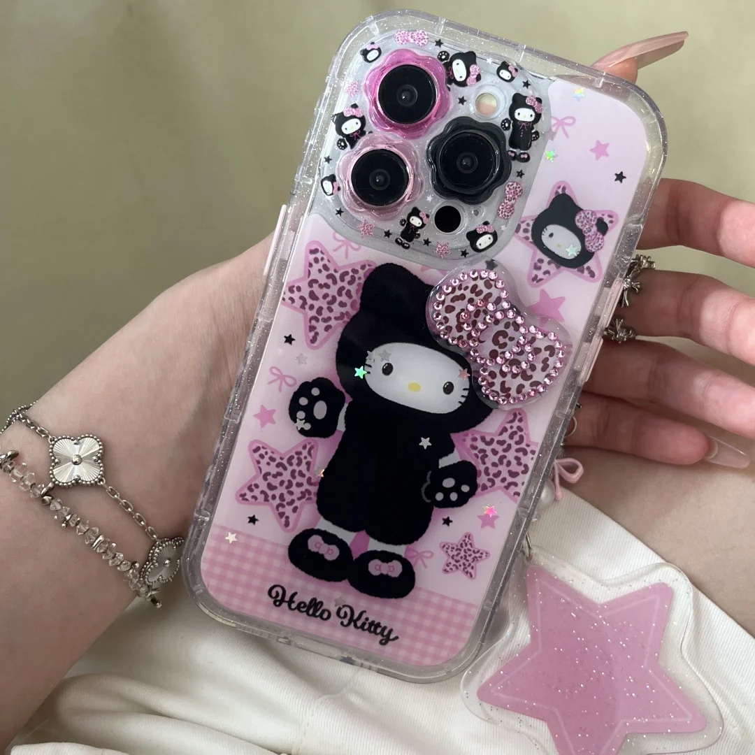 

Ins Leopard print pattern Glitter Powder Sequin Bow pink Stars Pendant Phone Case for iPhone 16 15 14 13 Pro Max Back Cover﻿﻿﻿