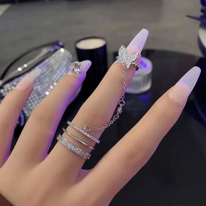 

-Chain Rings- Female Niche Design Butterfly Opening Rings Chill Cool Girl Full Rhinestones Index Finger Nail Bottom Rings 404art