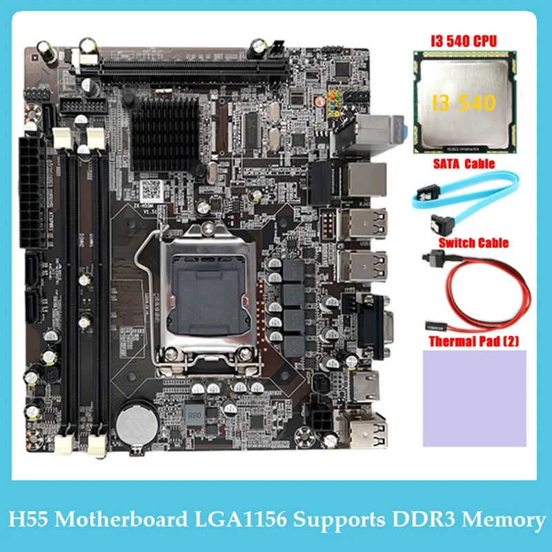 

Материнская плата H55 для настольных ПК LGA1156 поддерживает процессор I3 530 I5 760, память DDR3 + процессор I3 540 + кабель SATA + кабель переключателя + термопрокладка