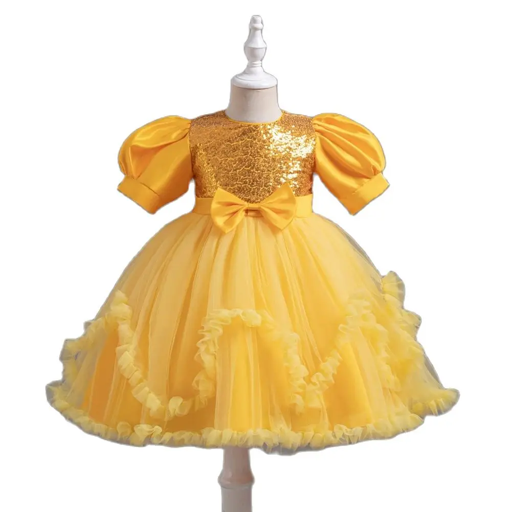 Yellow Bubble Sleeves Girl Princess Dress Sparkling Sequins Children\'s Birthday For 2 to 10 Years Ball Dress Party Wear