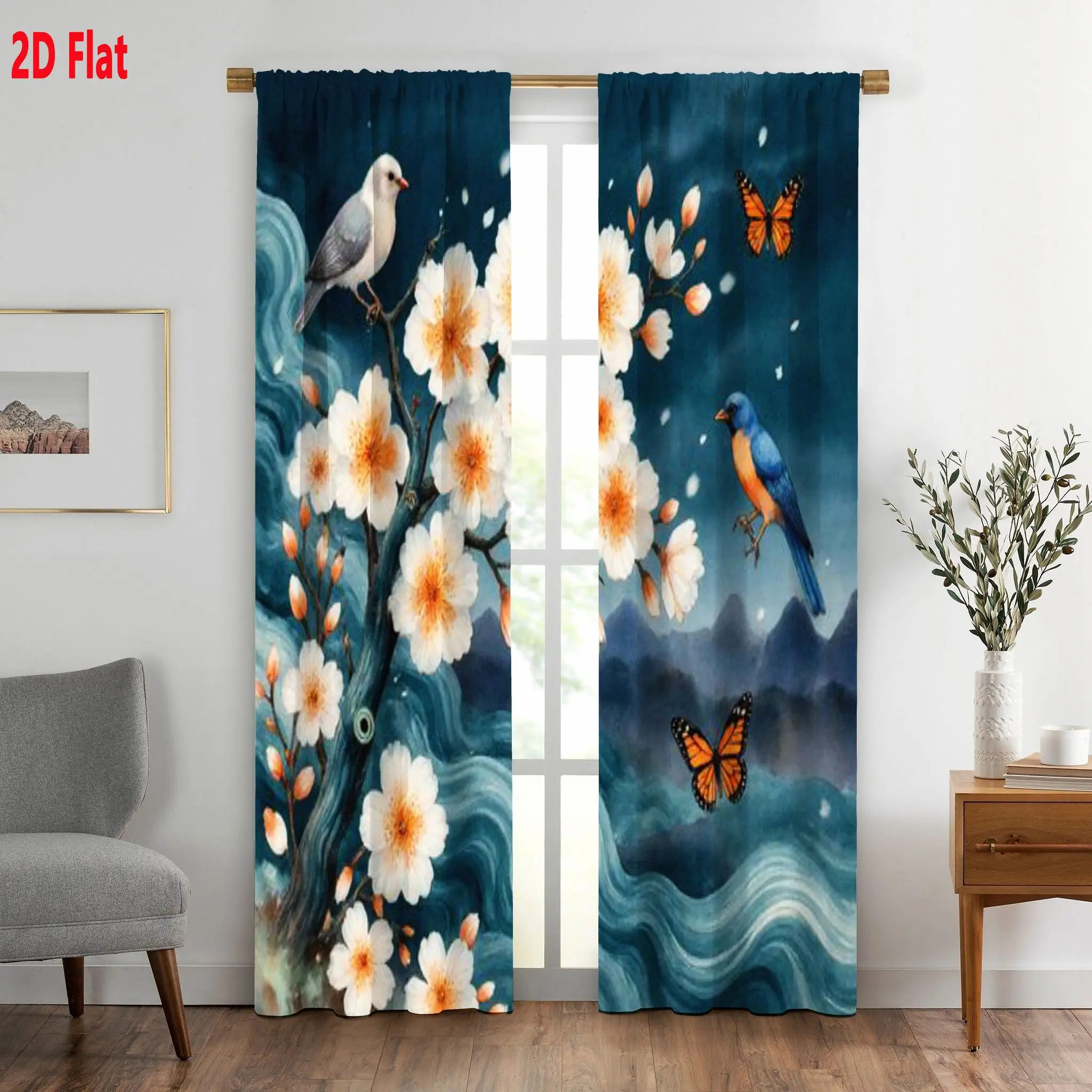 Bohemian Floral Butterfly Bird Nature Art Curtains Pair 2pcs Blue Spring Watercolor Style Window Curtains for Living Room Bedroo