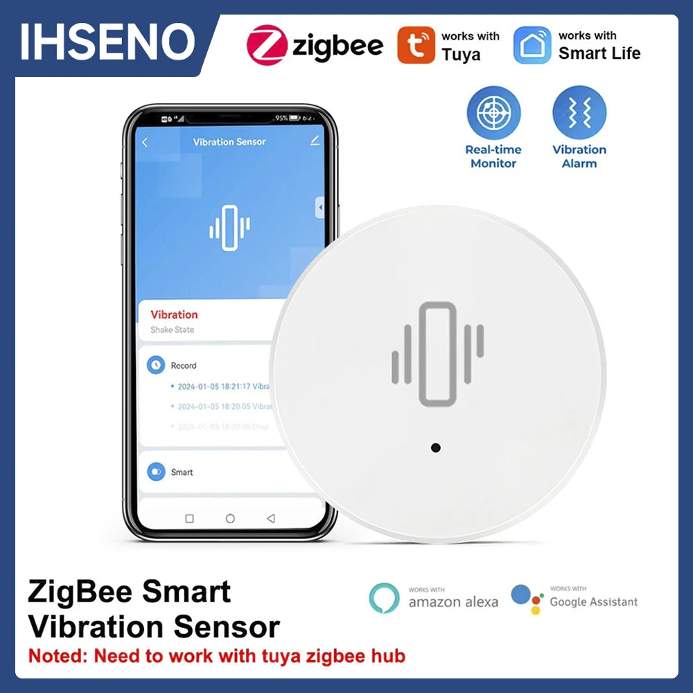 ihseno sensor vibracao inteligente notificacao app vida movimento em tempo real alarme de choque deteccao registro vida tuya zigbee 01